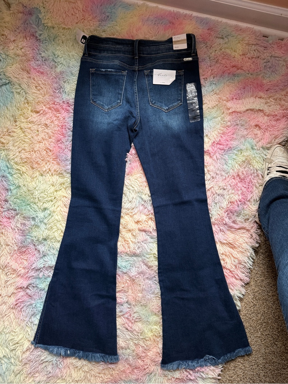 KanCan Dark Wash Blue Flare Jeans with Raw Hem - Picture 7 of 8
